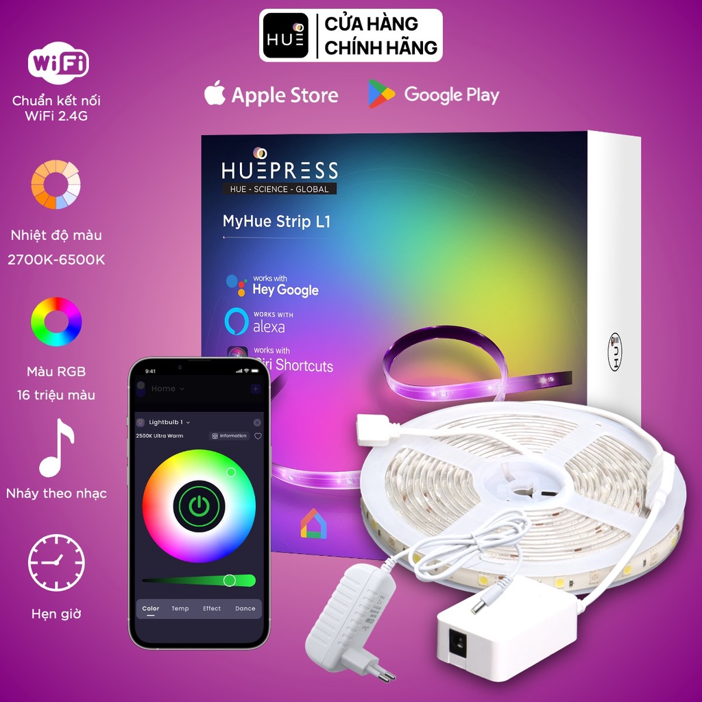  Bộ đèn led dây HuePress thông minh RGBCW WiFi/4G - 5050 10mm 16 triệu màu, nháy theo nhạc