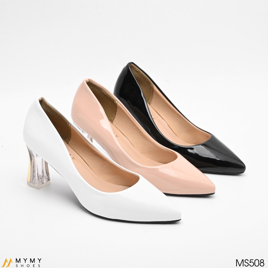MS508 Giầy da bóng trơn mũi nhọn gót trụ trong viền