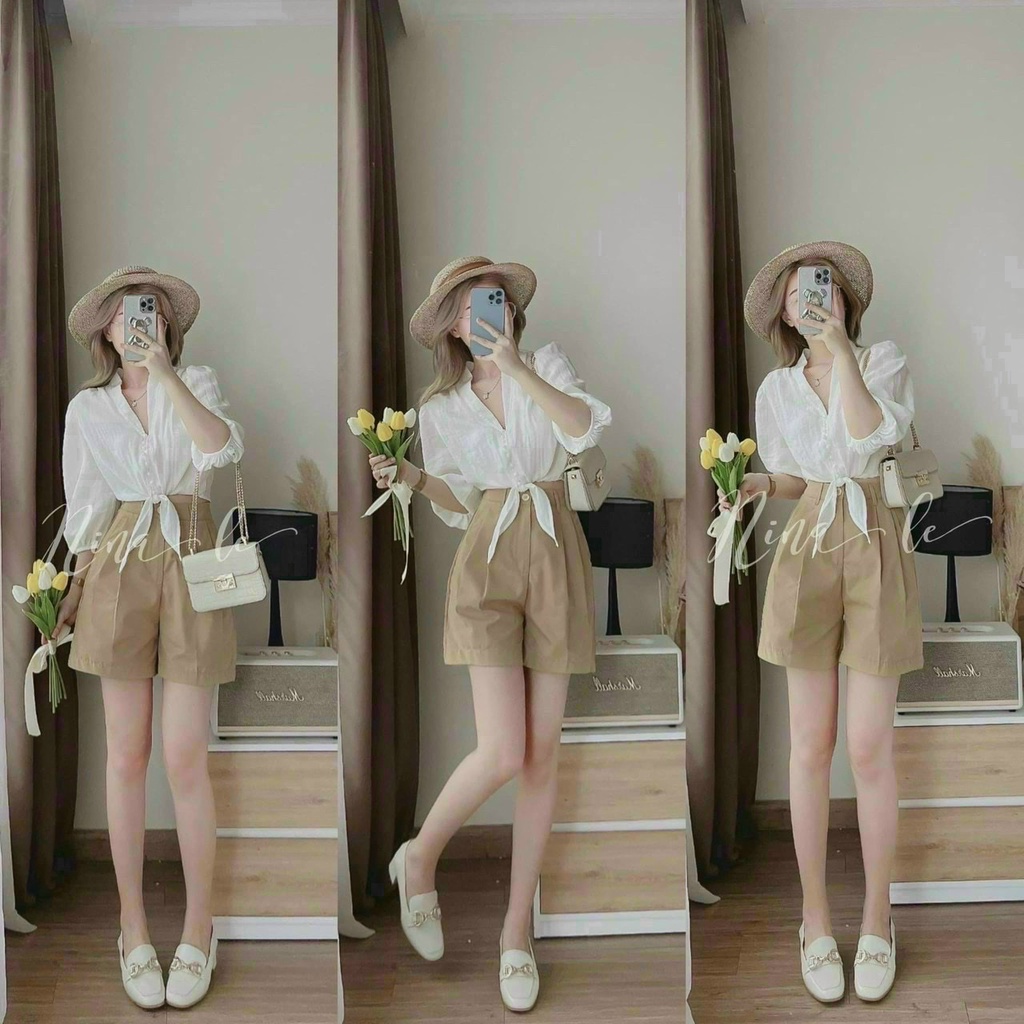 Sét bộ áo tay lỡ cổ V cột nơ siêu dễ thương kèm quần cho nàng tự tin dạo phố