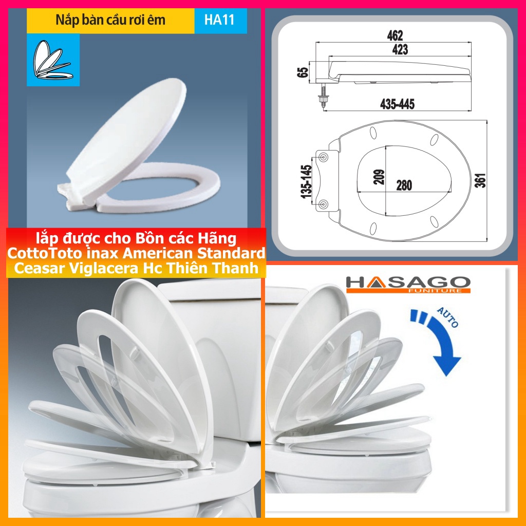 NẮP Bồn Cầu Bệt Bệ Xí RƠI ÊM HA11 NHỰA ABS Loại 1 khối và 2 khối
