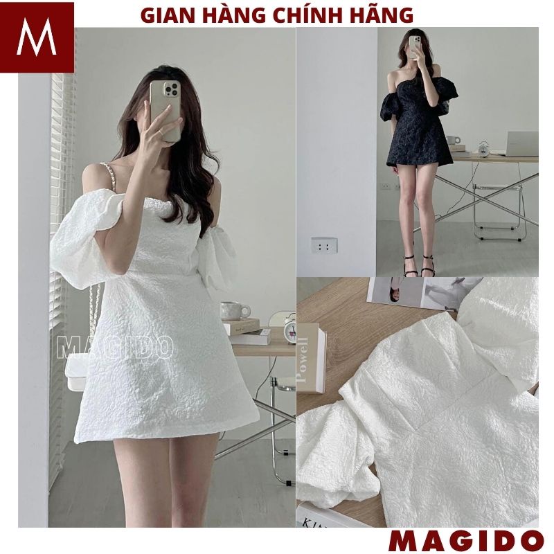 Đầm GẤM trễ vai tay bồng kèm mút ngực tiểu thư sang chảnh hoa nổi có khóa sau lưng - Váy chữ A 2 màu trắng đen - MAGIDO