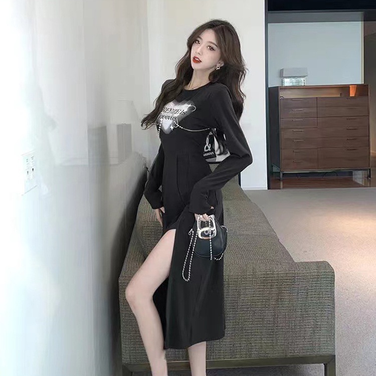 IELGY  IELGY  Đầm Tay Dài Eo Vừa Xẻ Tà In Họa Tiết Trái Tim Phong Cách Muối Thời Trang Cho Nữ