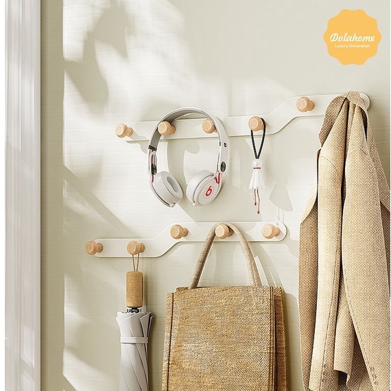 Móc treo tường Dola Home kim loại kết hợp nút gỗ cao cấp. Móc treo quần áo không khoan tường trang trí nội thất