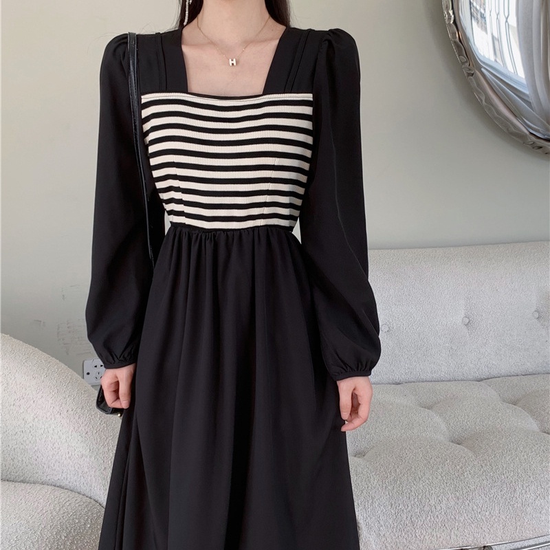 IELGY Đầm Cổ Vuông Ghép Nối Phong Cách Hepburn Hàn Quốc plus size Cho Nữ