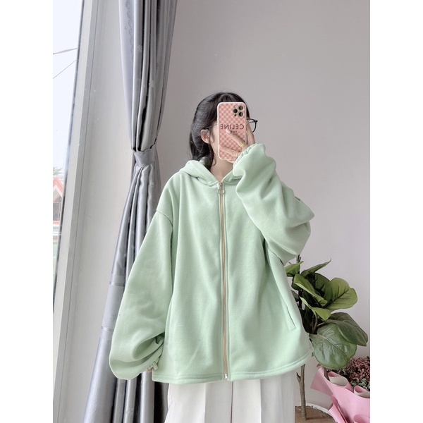 Áo khoác nữ nỉ bông khoá kéo, hoodie zip Banana dày dặn nón rộng, tay phồng