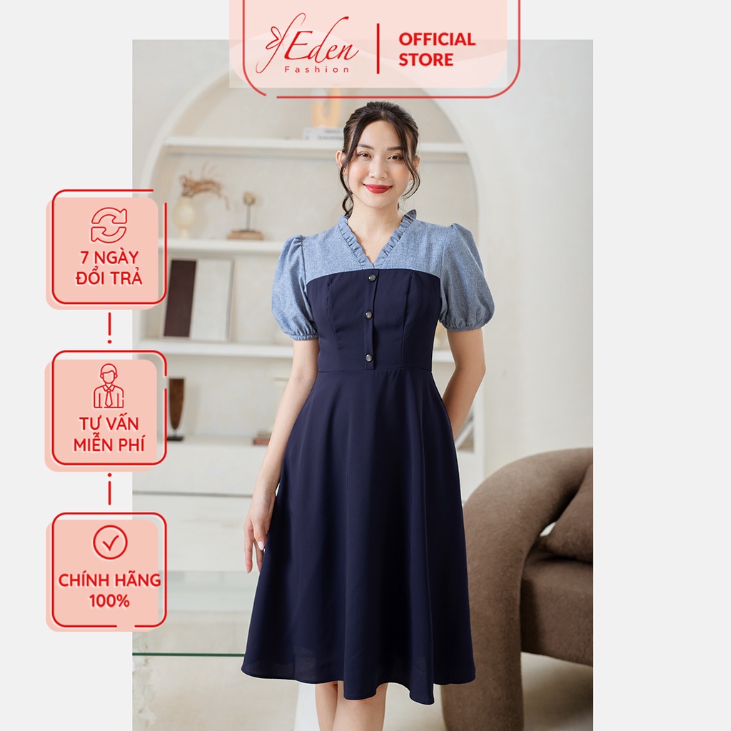 Đầm xòe thời trang Eden cổ tim nhún bèo phối màu - D488