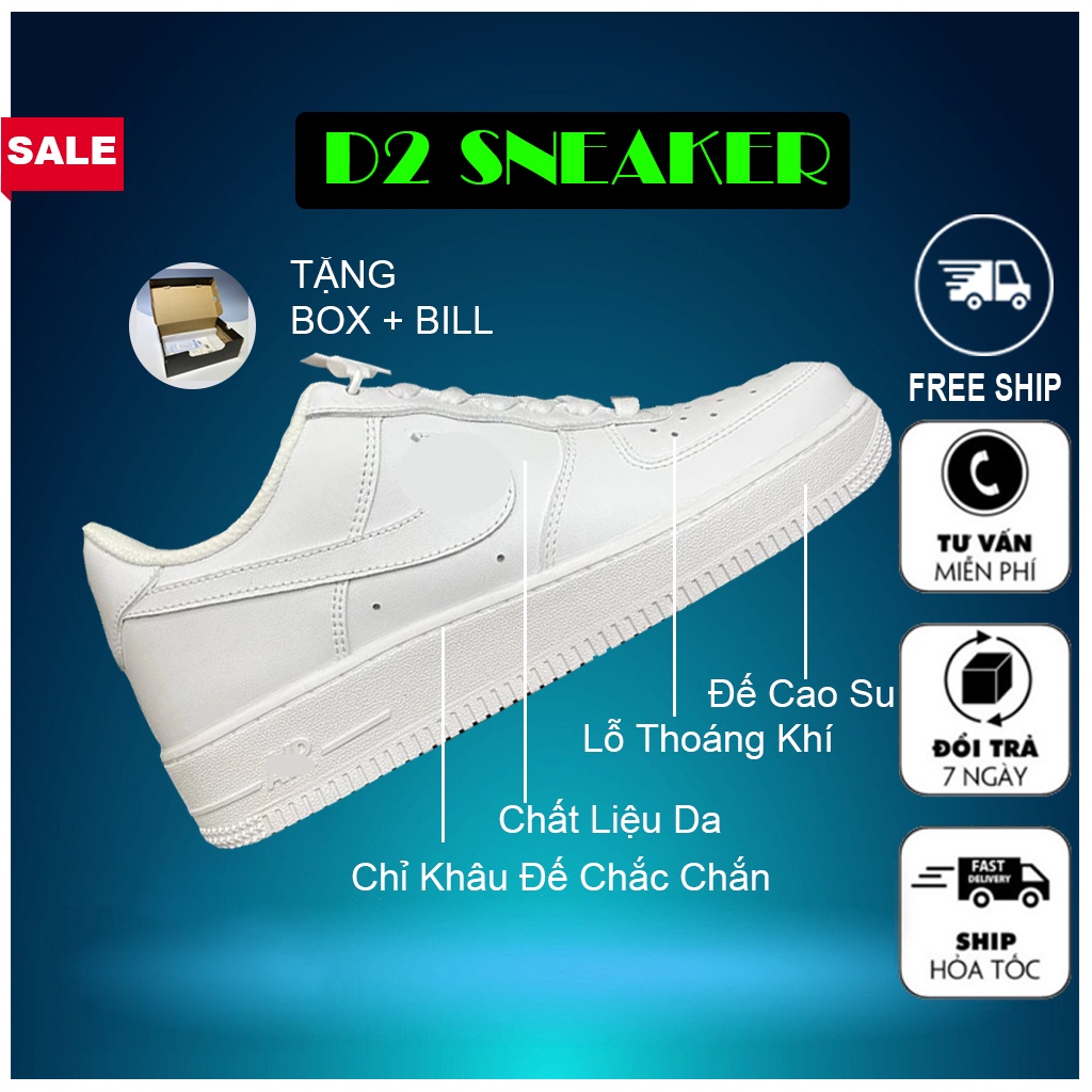 Giày thể thao nam nữ af1 trắng D2, giày air force 1 white sneaker cổ thấp đế khâu bản đẹp size 36 đến 43 full box bill
