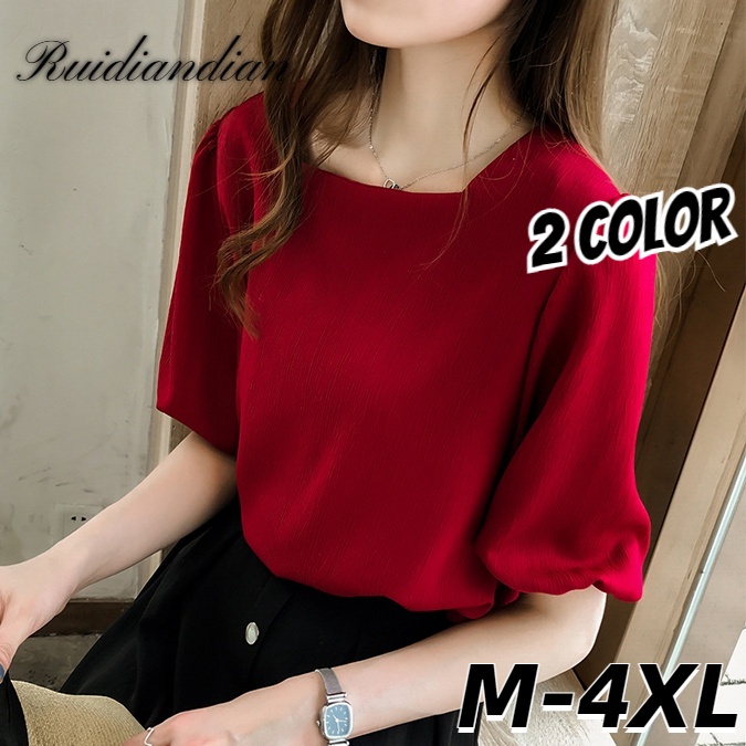 M-4XL Ruidian Plus Size Phong Cách Hàn Quốc Nữ Trắng / Đỏ Áo Sơ Mi Voan Nhân Quả Tay Ngắn Áo Sơ Mi M