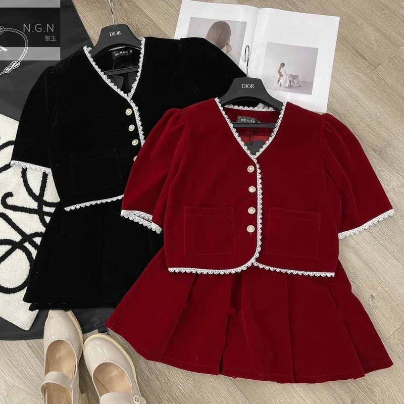 Set Váy Nhung 2 Màu Đỏ / Đen Kèm Chân Váy Xòe Lưng Chun Siêu Dễ thương mẫuu mới UN