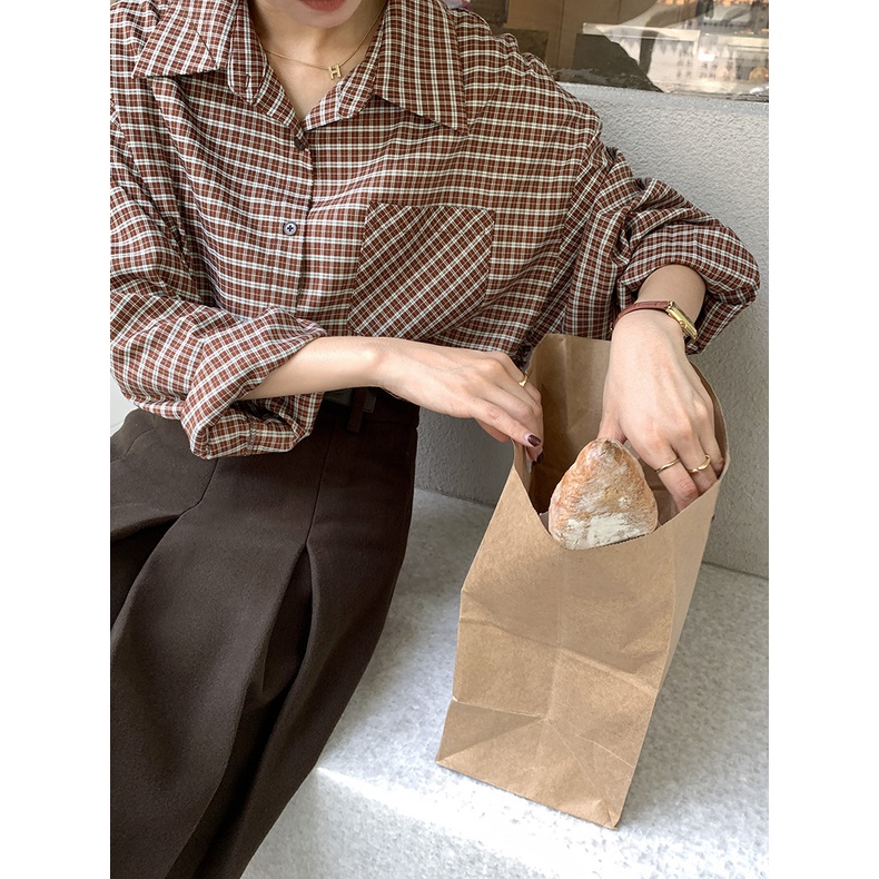 Áo sơ mi nữ Form rộng Tay dài kẻ sọc caro Retro Thu Đông Hàn Quốc Sơ mi nữ Dáng rộng Dài tay Thời trang