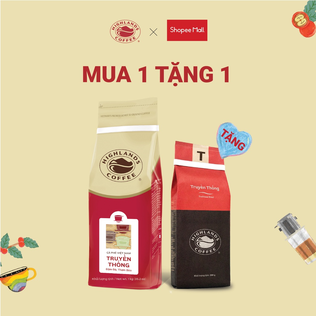 Cà phê bột Truyền thống Highlands coffee 1kg và gói 200gr đậm đà vị truyền thống