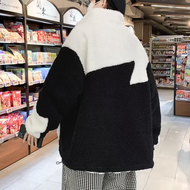 Áo Khoác Lông Cừu Cao Cấp Dáng Rộng Phối Màu Tương Phản Có Khóa Kéo Thời Trang Mùa Đông Phong Cách Hàn Quốc Cho Nam