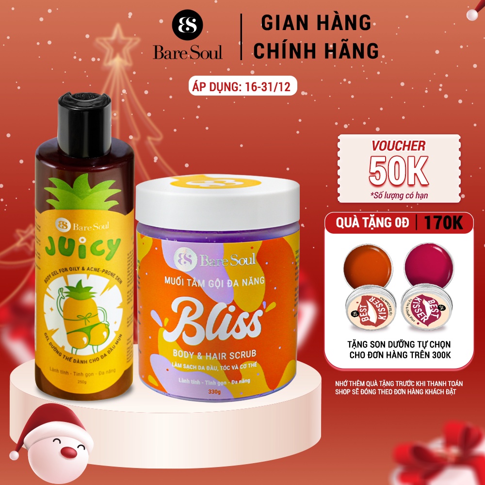 Combo chăm sóc cơ thể Gel dưỡng thể cho da dầu, mụn BareSoul Body Gel Juicy 250g + BLISS Body & Hair Scrub 330g