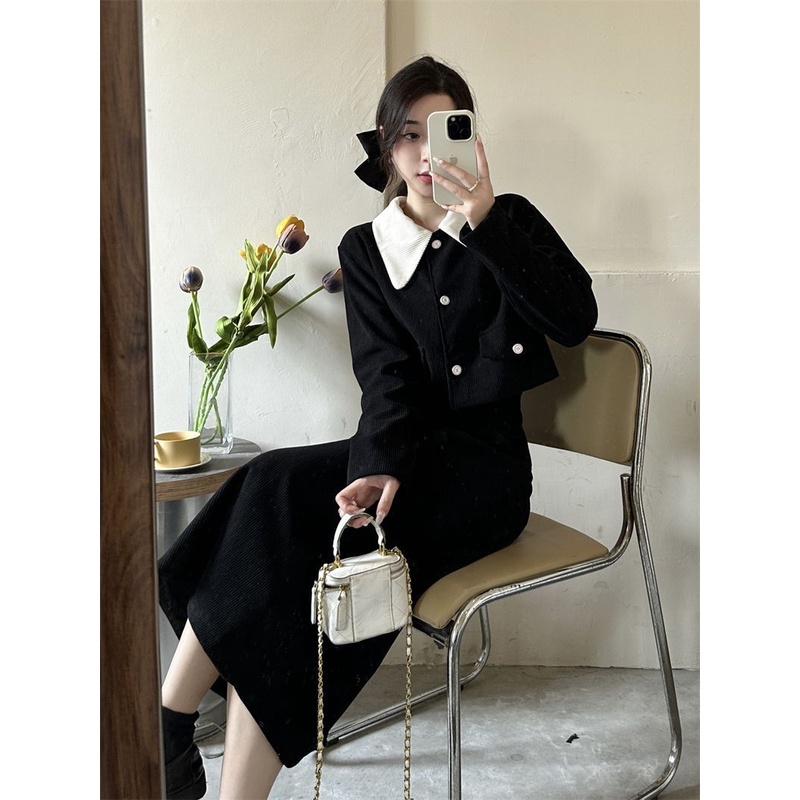 Bộ Áo Khoác Tay Dài Cổ Búp Bê + Chân Váy Dài Thời Trang Thu Đông Cho Nữ