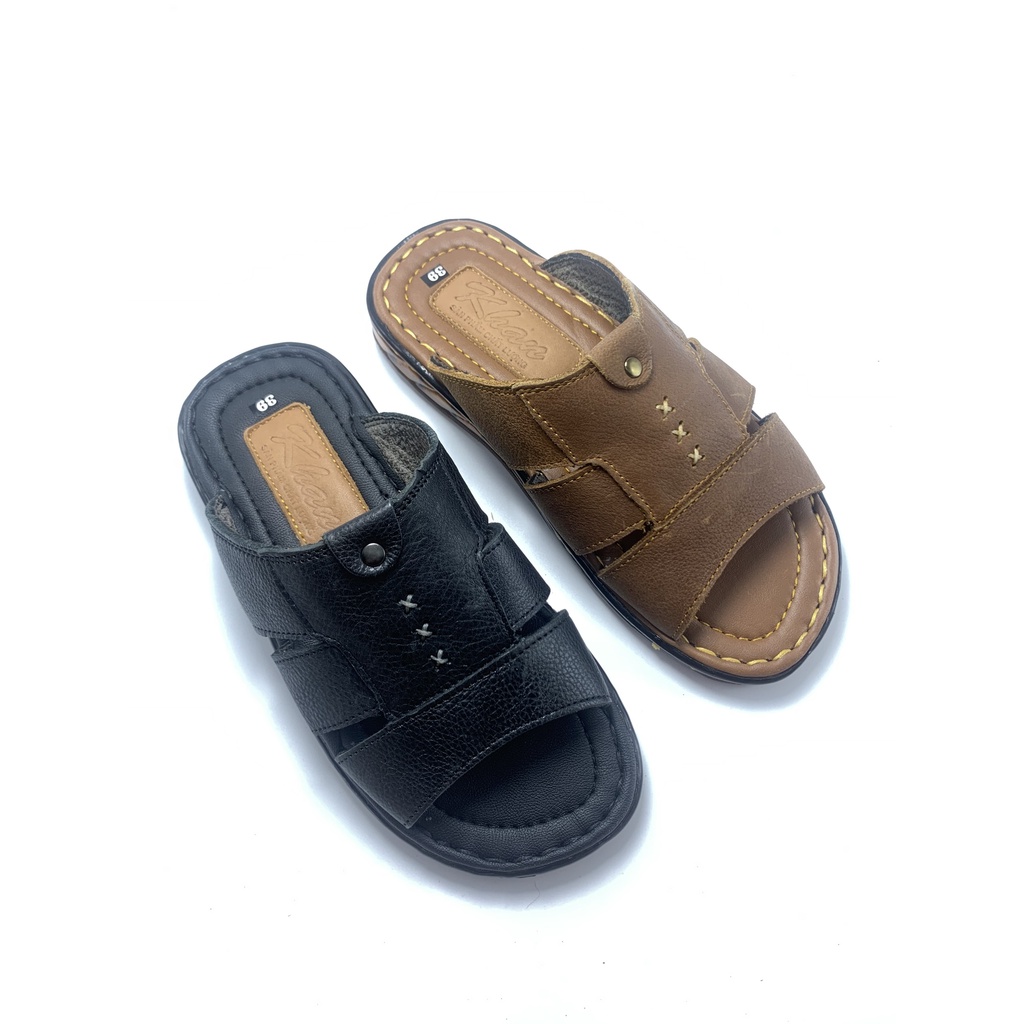 Dép nam da bò 3 quai xẻ rãnh , khâu chỉ 3 dấu nhân , khâu chỉ chắc chắn , 2 màu đen và bò , Q