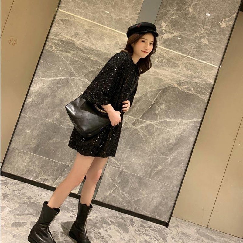 IELGY Áo Thun Tay Ngắn Đính Kim Sa Lấp Lánh Phong Cách Hàn Quốc Cho Nữ