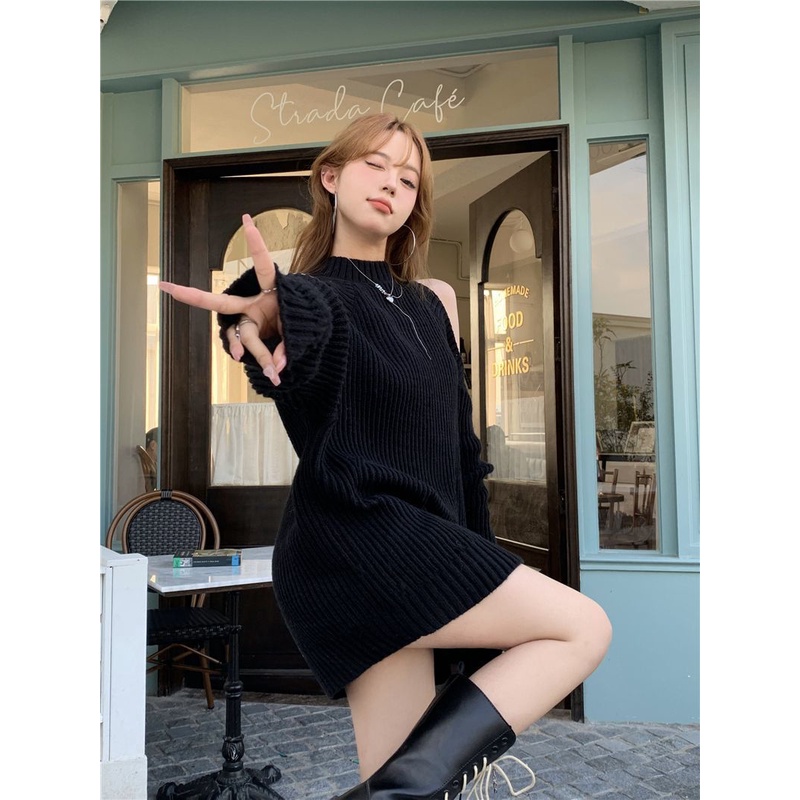 Half-turtleneck off-shoulder sweater women's autumn and winter design sense mid-length loose outerwear sweater top