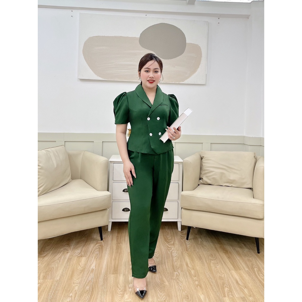 Set Đồ Nữ , Set Nữ Bigsize Quần Dài Phối Áo Cổ Vest Cổ Tim Tay Ngắn 4 Nút Chất Cotton Mềm Mịn Dành Cho Người Mập 50.90kg