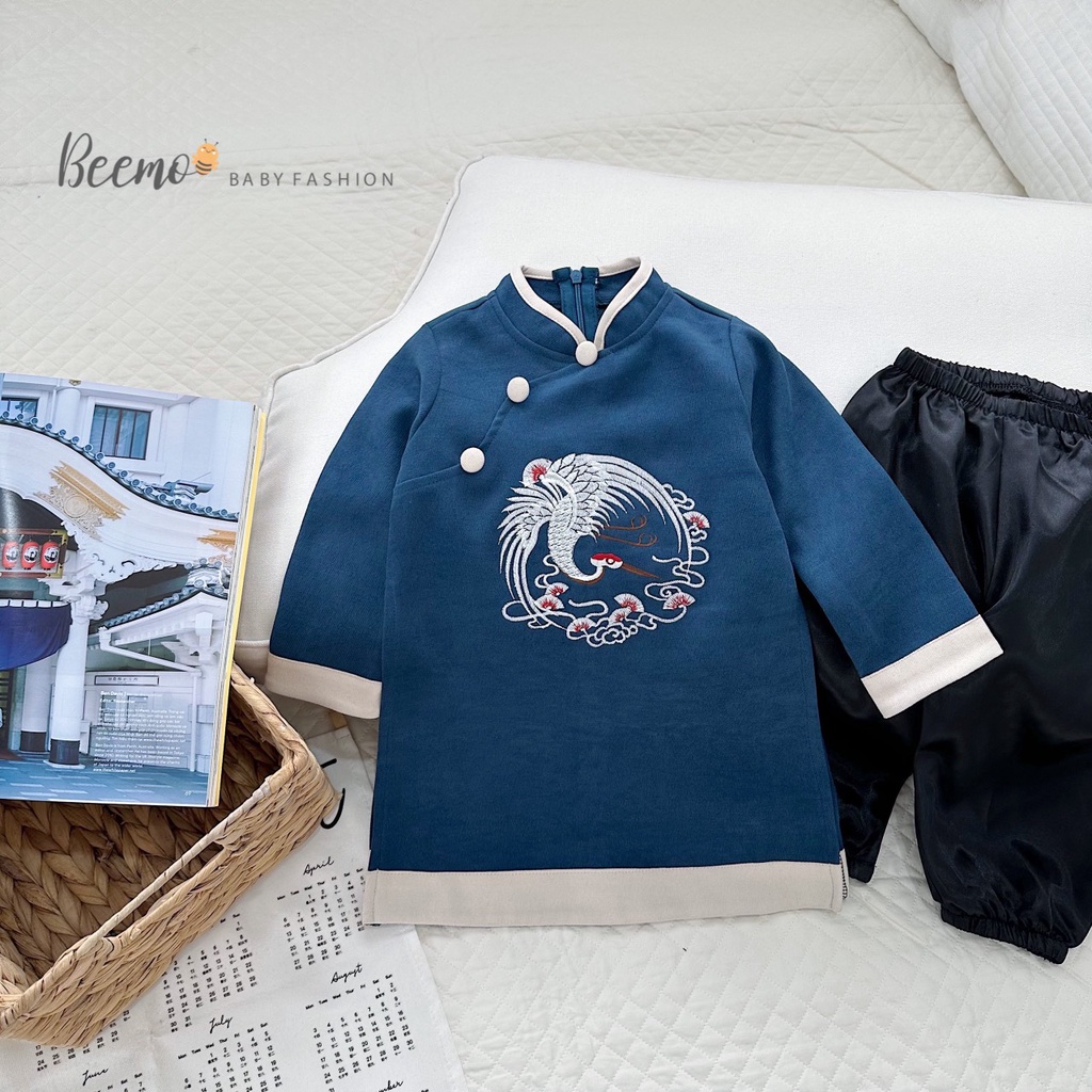 Sét áo dài cách tân cho bé trai Beemo,áo dài thân phối gấm rồng sang trọng cho bé trai,hàng thiết kế chuẩn loại 1