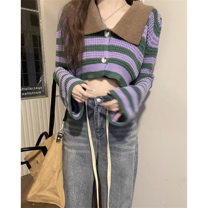 Áo ZHELIHANGFEI dệt kim tay dài cổ polo lưng cao kẻ sọc thiết kế quyến rũ cho nữ