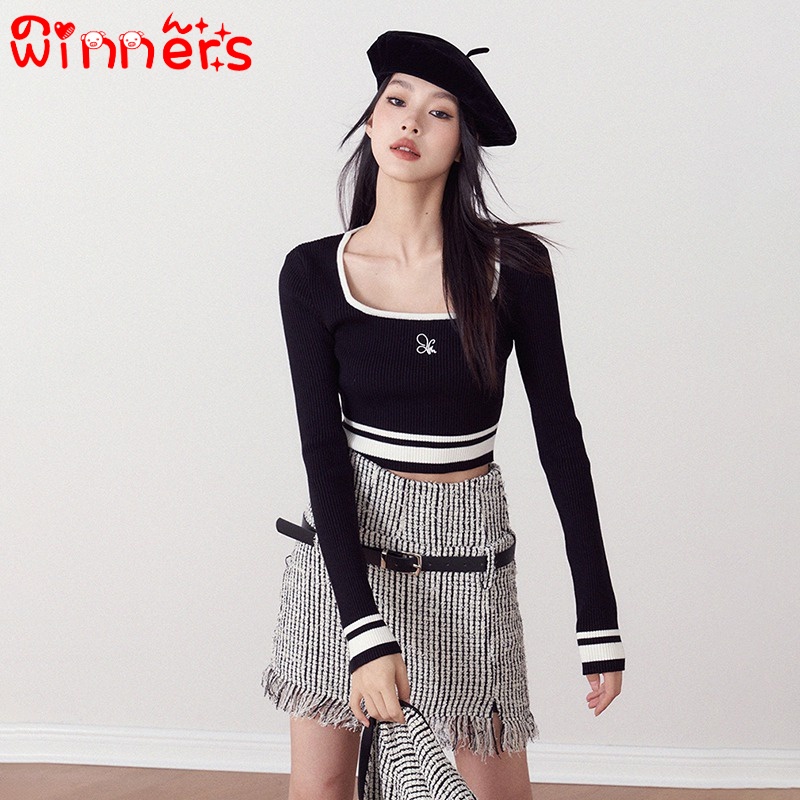 Áo Dệt Kim Tay Dài Cổ Vuông Màu Sắc Tương Phản Phong Cách Retro Dành Cho Nữ