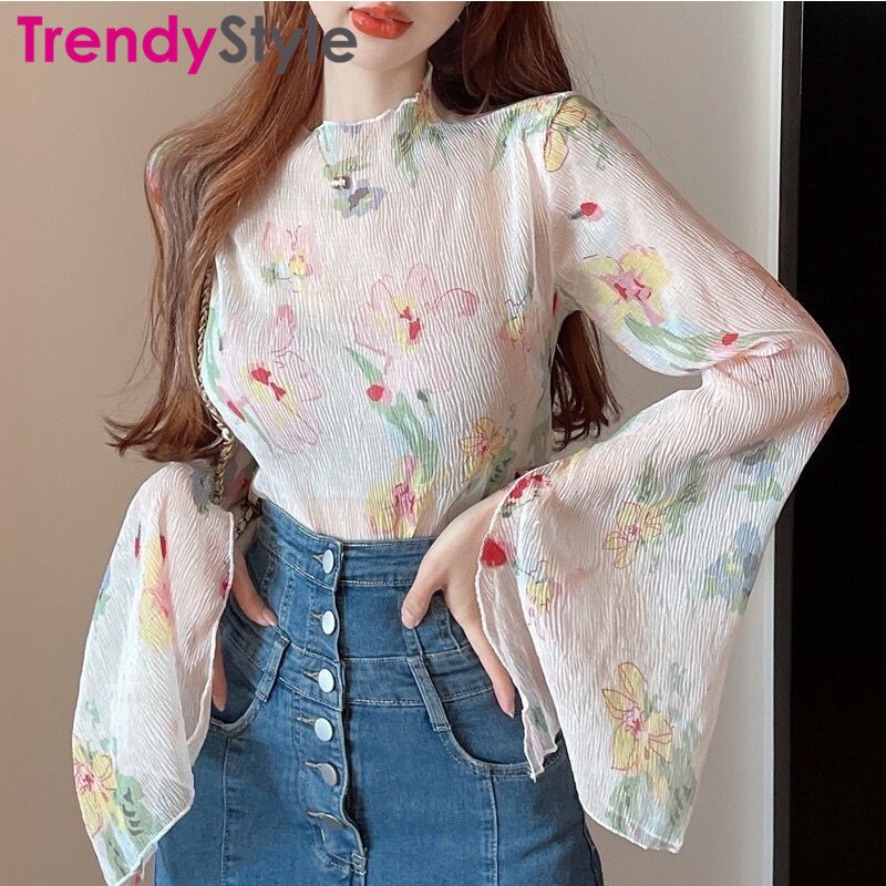 Áo Sơ Mi Chiffon Tay Dài Loe Cổ Cao Xếp Ly Ôm Dáng In Họa Tiết Thời Trang Cho Nữ