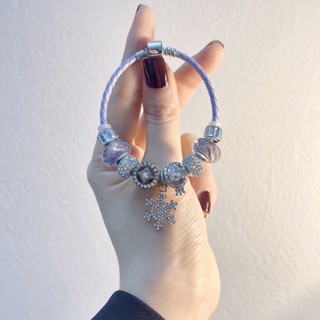  Lắc tay Pandora - Vòng tay dây da đan thủ công charm bông tuyết đá mùa xuân 2023 