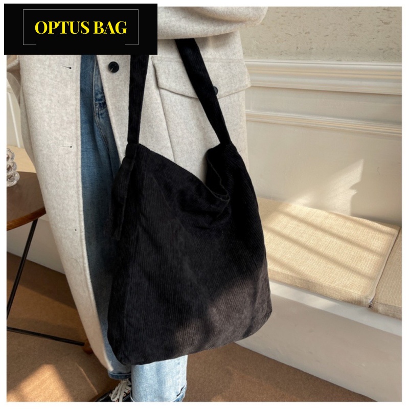 Túi tote đeo chéo đeo vai vải nhung trơn 2 màu hồng kem để laptop đi học đi chơi - optusbag