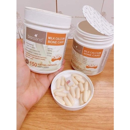 Viên nhai Canxi sữa hữu cơ tự nhiên cho bầu, bú, người lớn -  Bio Island Milk Calcium Bone Care 150 Softgel Capsules