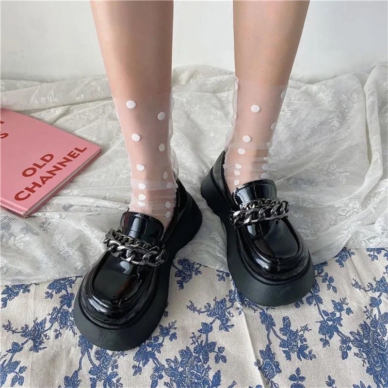 Giày Lolita nữ đen da bóng phối chuỗi xích tôn dáng đế dày cao 3-5cm phong cách Anh Quốc - Génial Shoes