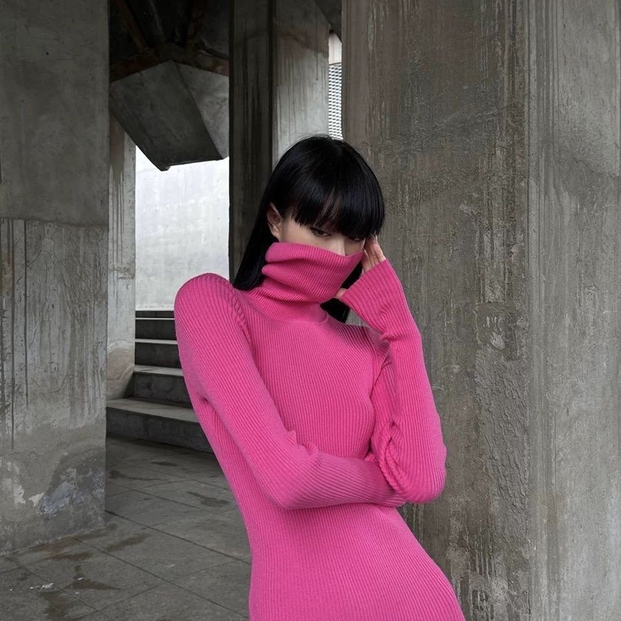 Bán Chạy! Giảm Giá Nóng!F &amp; X Đầm Dệt Kim Dáng Dài Qua Gối Cổ Cao Xẻ Tà Màu Hồng Thiết Kế Niche Kiểu Mới Dễ Phối Đồ Uni