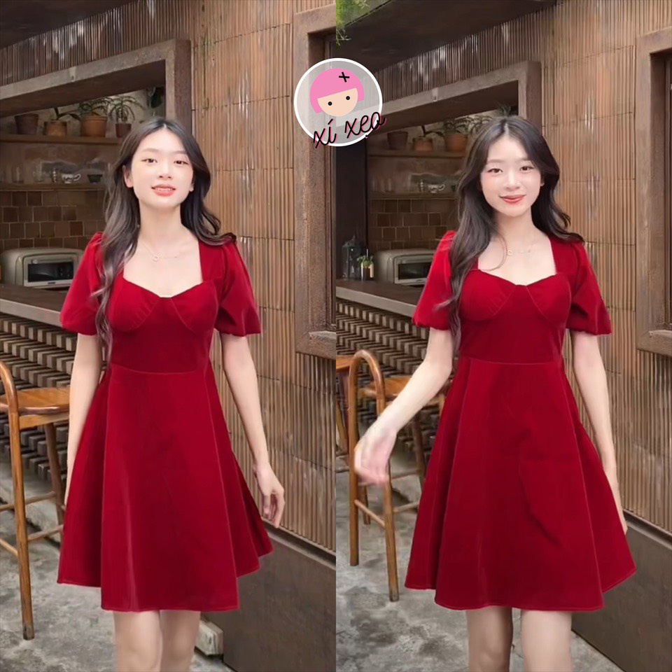 Váy nhung đỏ dáng ngắn cúp ngực dáng xoè xixeoshop - v357
