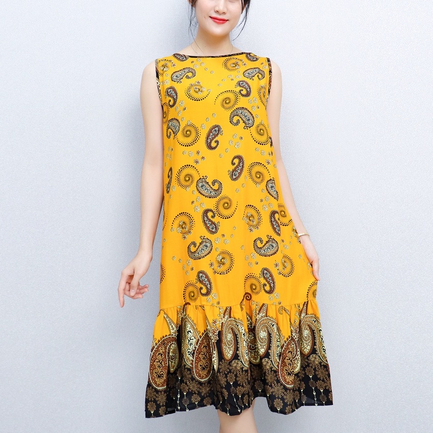 Đầm mặc nhà trung niên bigsize vải lanh AMYRA cho mẹ dáng suông đuôi cá, mùa hè rộng mát mẻ, thoải mái bà bầu VA004