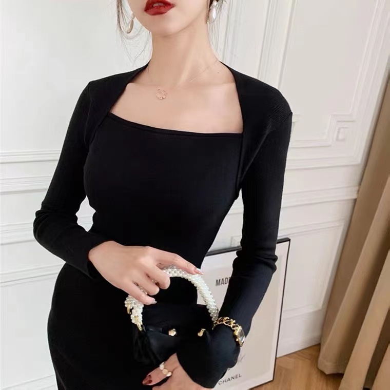 Đầm Sweater Dệt Kim Tay Dài Cổ Vuông Co Giãn Xẻ Tà Kiểu Vintage Pháp Thời Trang Mùa Thu 6 Màu Tùy Chọn