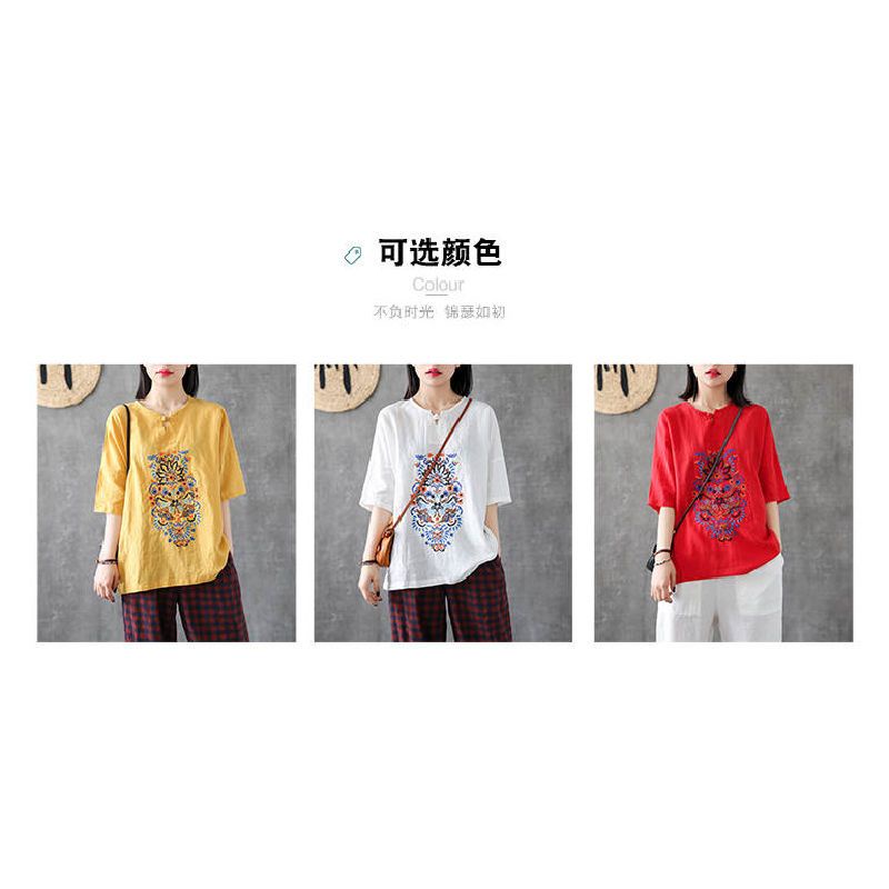 Áo Thun Cotton Lanh Tay Ngắn Cổ Chữ V Dáng Rộng Phong Cách Retro Dành Cho Nữ