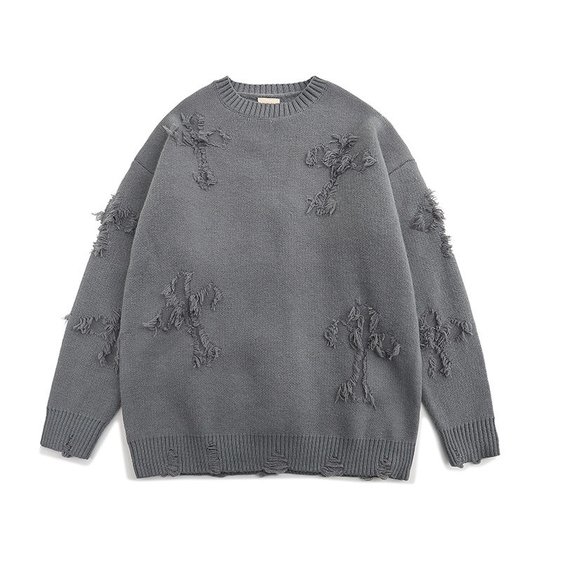 IMaodou Áo khoác sweater iMaodou cổ tròn dáng rộng thiết kế rách thời trang thu đông cho nam giới