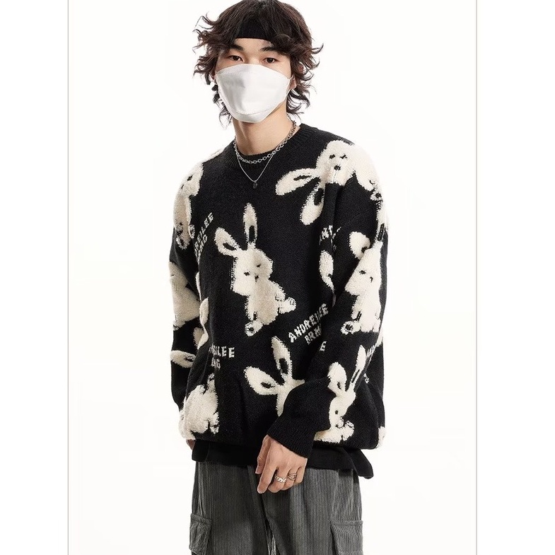 Áo Sweater Màu Đỏ In Hình Thỏ Phong Cách Trung Hoa Cho Cặp Đôi