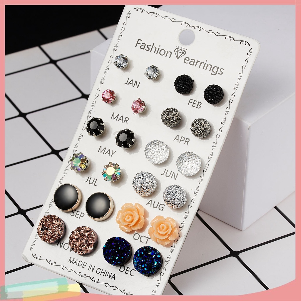 Set 12 Đôi Khuyên Tai Tròn Đính Đá Phong Cách Sang Trọng Thời Trang Cho Nữ