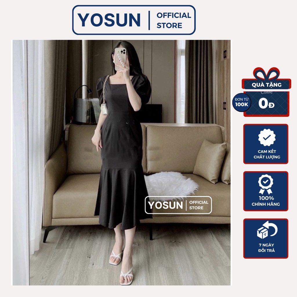 Đầm Đi Tiệc Dáng Dài Đuôi Cá Tay Ngắn Bồng Siêu Tôn Dáng, Đầm Nữ Thiết Kế Cổ Vuông Sành Điệu Màu Đen - DX144