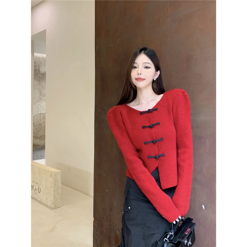 ZHELIHANGFEI Áo Khoác Cardigan Dệt Kim Tay Phồng Lưng Cao Thiết Kế Sành Điệu Cho Nữ