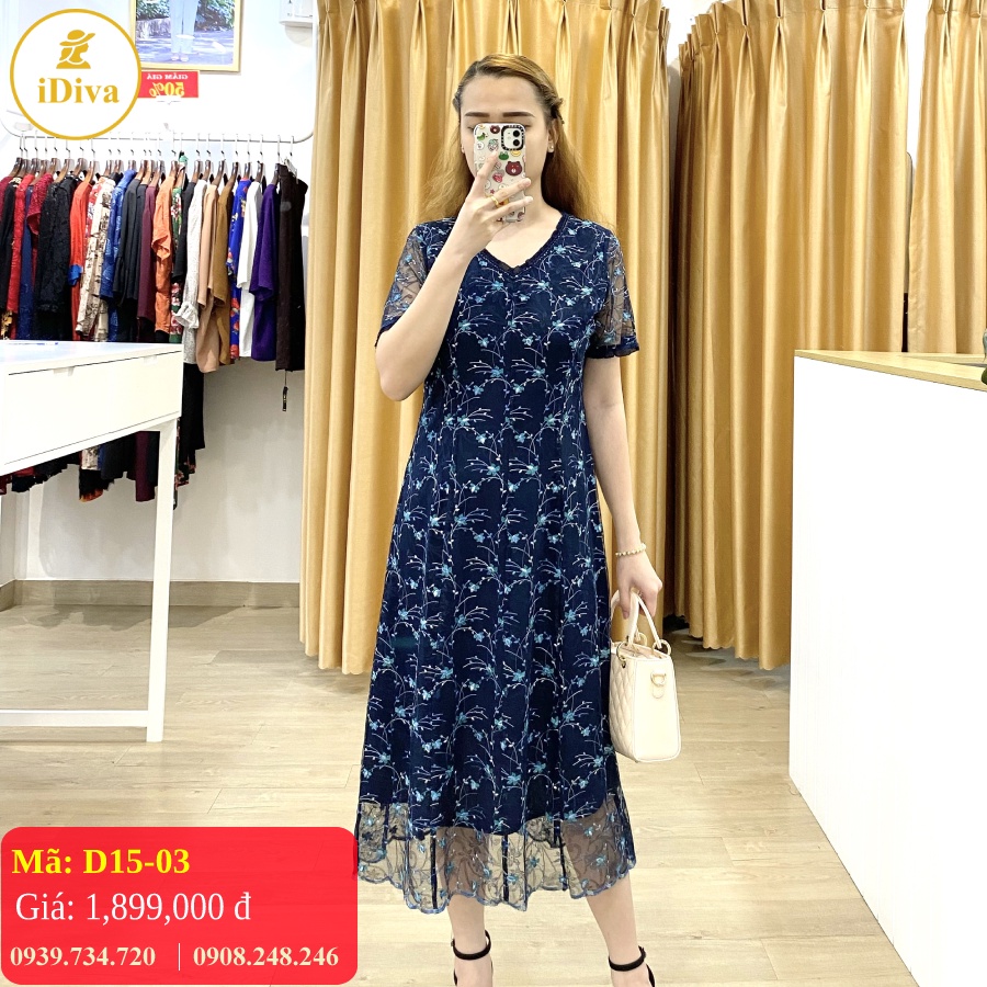 Đầm trung niên cao cấp iDiva D15-03 đầm chất liệu ren thêu mềm, dáng ôm nhẹ phù hợp u50 dự tiệc sang trọng