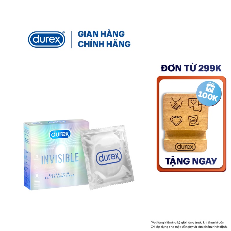 Bao cao su Durex Invisible siêu mỏng, size 52mm, hộp 3 bao