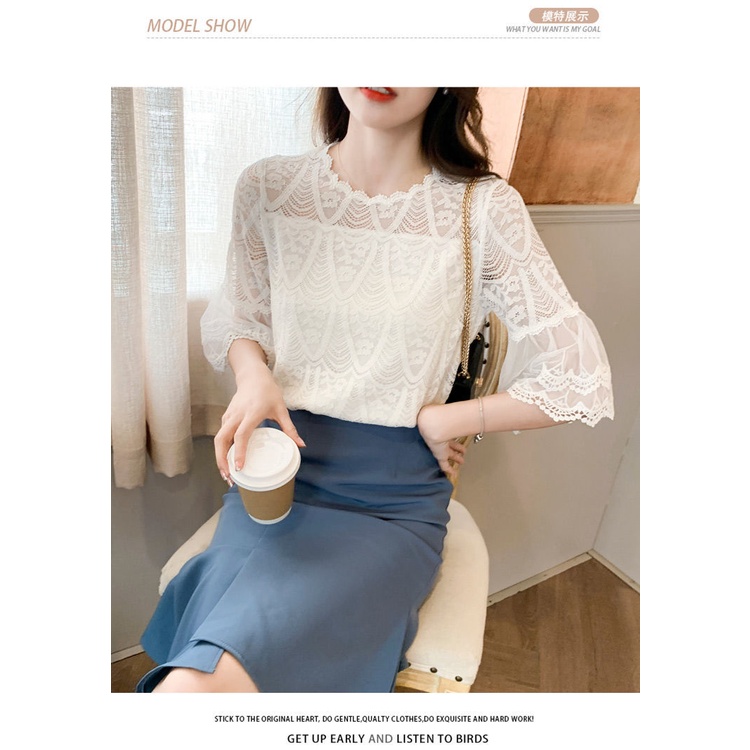 Áo Sơ Mi Tay Lửng Phối Ren Màu Trắng Thời Trang Mùa Hè Cho Nữ