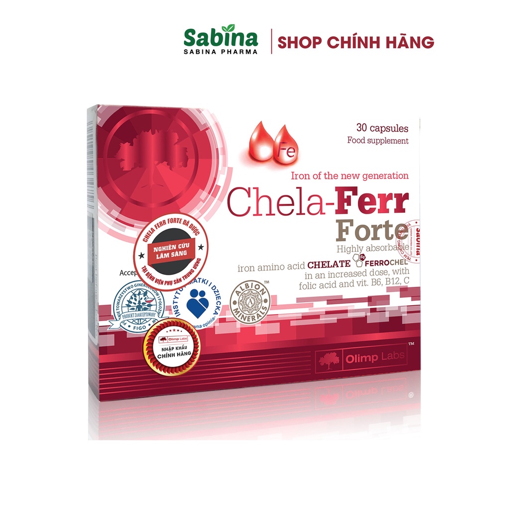 Sắt Chela-Ferr® Forte (Olimp Labs)  –Viên sắt cho bà bầu hỗ trợ bổ sung và dễ hấp thu sắt 30 viên, 14,4g
