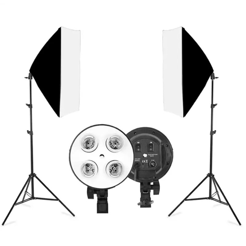 Bộ Đèn Studio, Đèn Chụp Ảnh Sản Phẩm Chân Đèn 2m Kèm Softbox 50x70 Hỗ Trợ Sáng, Đui 4 Bóng