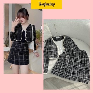 Áo khoác dạ croptop + chân váy dạ + áo hai dây đen