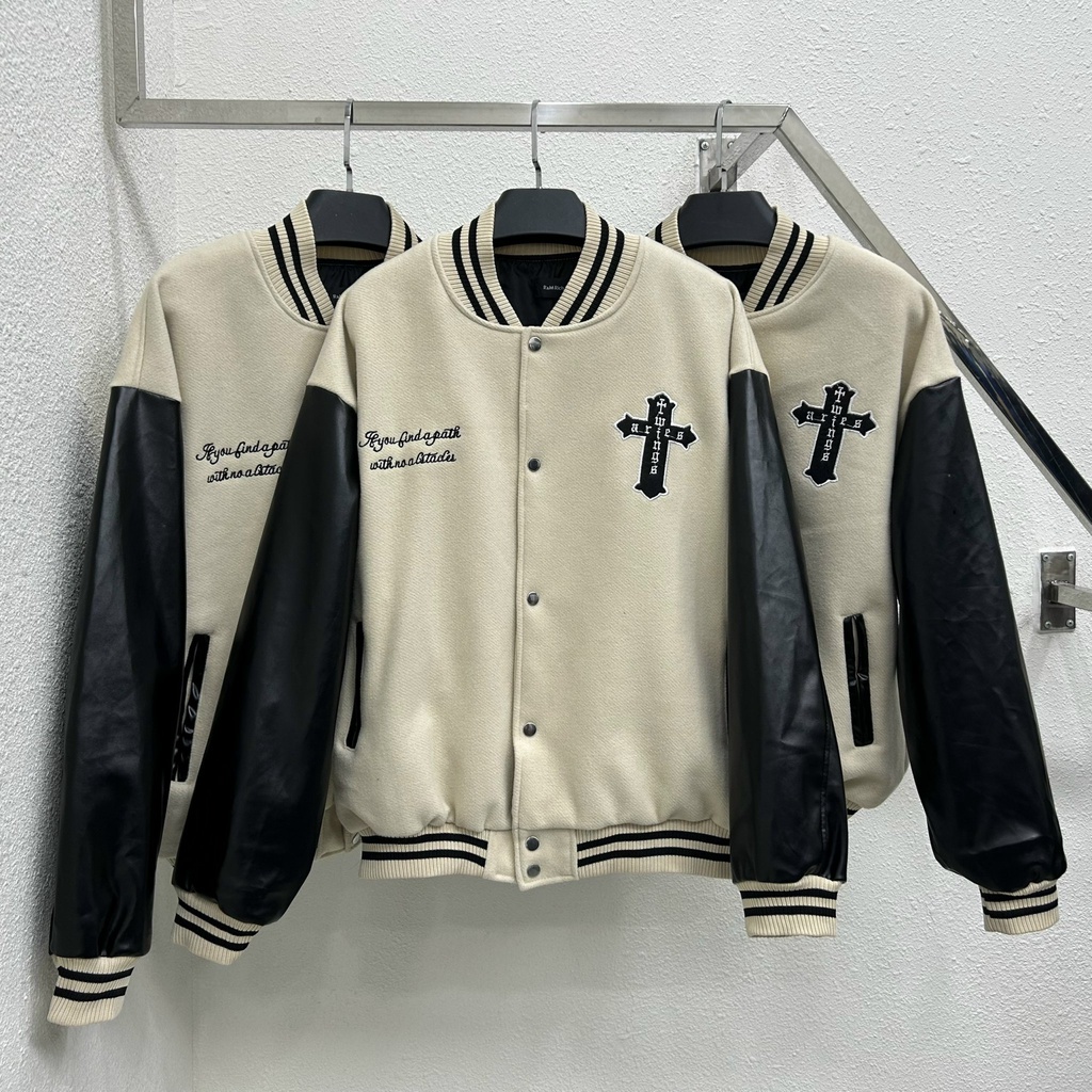 Áo Khoác varsity Thêu chữ thập vintage chất dạ 2 lớp áo bomber phối tay da Pu cao cấp Kun Shop Unisex