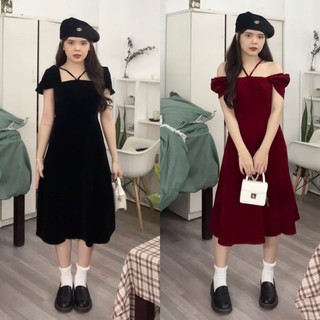 [ẢNH THẬT] VÁY THIẾT KẾ NHUNG DÂY CHÉO 2 MÀU SANG CHẢNH VTKNDC