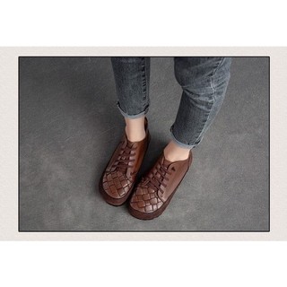 G113-Giày Handmade Retro Cột Dây Viền Da Lộn
