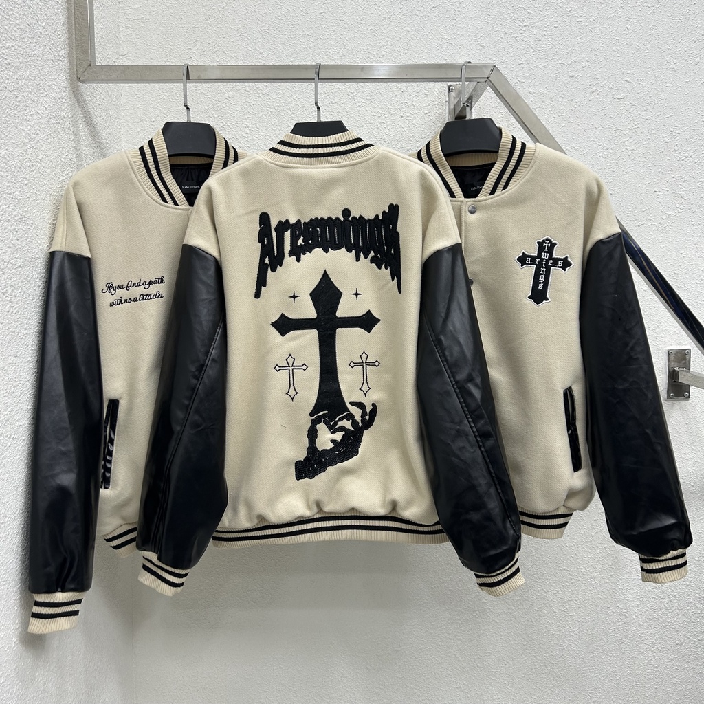 Áo Khoác varsity Thêu chữ thập vintage chất dạ 2 lớp phối tay da Pu cao cấp KunShop04